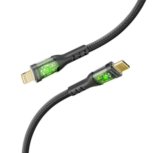Promate PROMATE 1.2m USB-C to Lightning Cable with Transparent Connectors & LED''s, Black | TRANSLINE-CI.BLACK