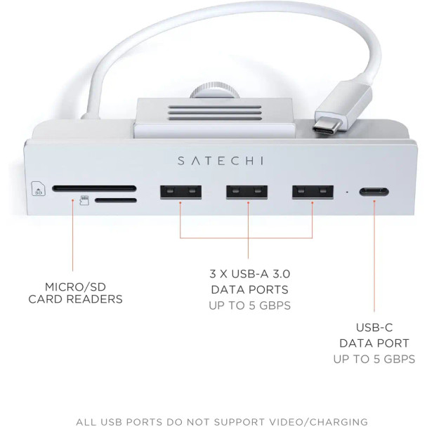 Satechi USB-C Clamp Hub for 24" (2021) iMac ,Designed to fit 2021 and newer 24" iMac. 6 ports , Silver | ST-UCICHS