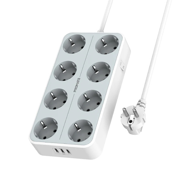 Promate 3600W High Output 8-Outlet Power Strip with 3 USB Ports | PowerCord8EU-4M