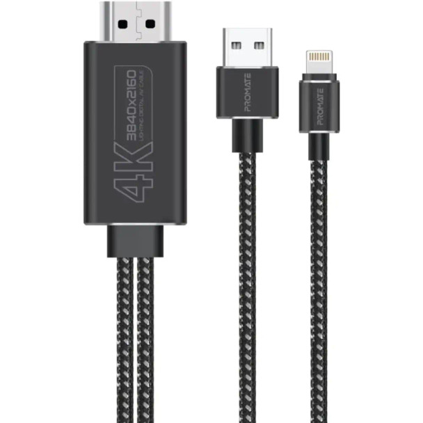 Promate 4K High Definition Lightning Connector to HDMI Cable with Charging Bridge | MediaLink-LT