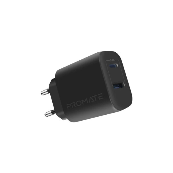 Promate 17W High-Speed Dual Port Charger , Black| BIPLUG-2.EU.BK