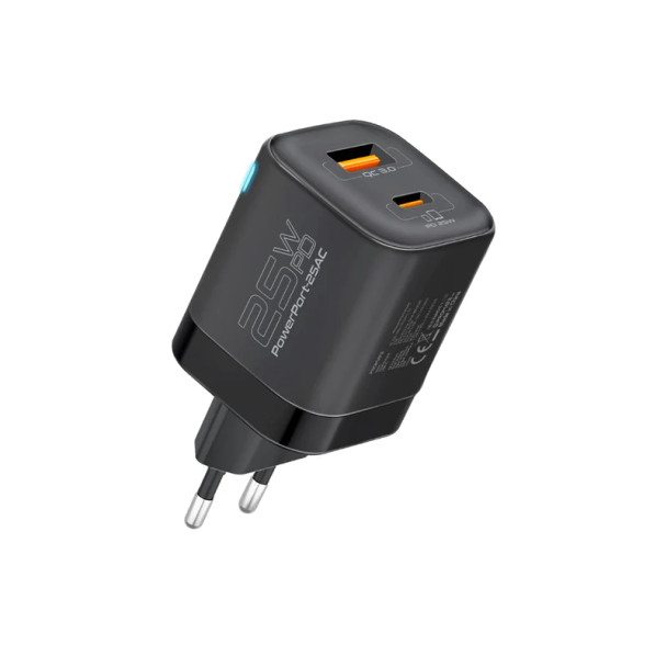 Promate Ultra-Fast Dual Port AC Charger with 25W Power Delivery and QC 3.0 , Black | PowerPort-25AC.EU-BK