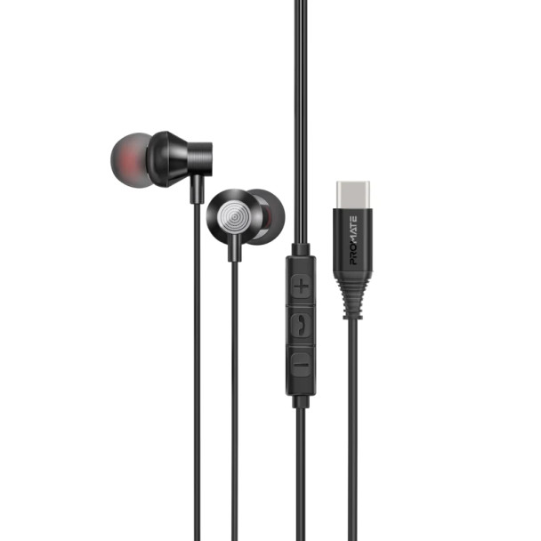 Promate Ergonomic In-Ear USB-C Wired Stereo Earphones , Black | SILKEN-C.BLACK