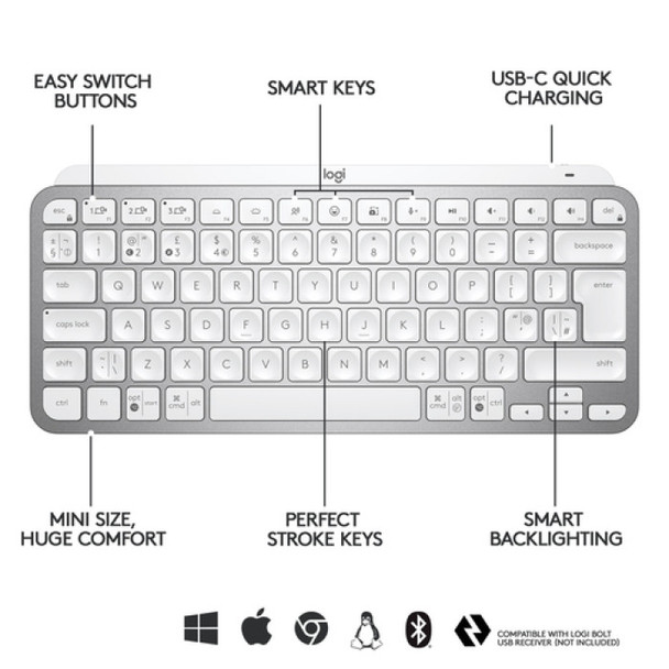 Logitech MX Keys Mini Minimalist Wireless Illuminated Keyboard, Compact, Bluetooth, USB-C, For Apple MacOS, IOS, Windows, Linux, Android – Pale Gray | 920-010499