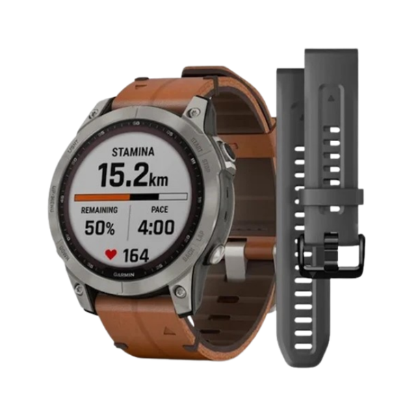 Garmin fēnix 7 – Sapphire Solar Edition Titanium with Chestnut Leather Band - 47mm - Sapphire Solar | 010-02540-31