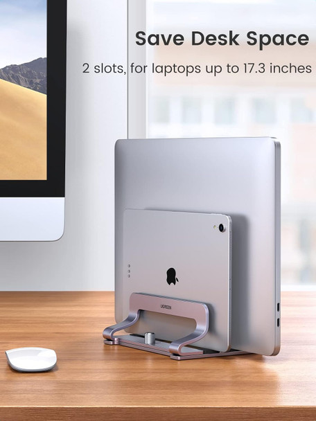 UGREEN 60643 dual slot aluminum vertical laptop stand holder space gray desktop organizer
