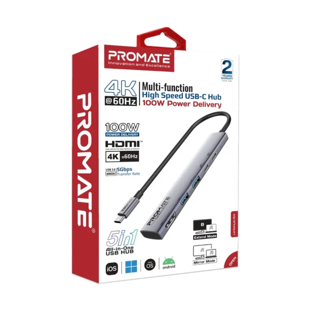 Promate 4K@60Hz Multi-function High-Speed USB-C Hub with 100W Power Delivery | LinkHub-5X