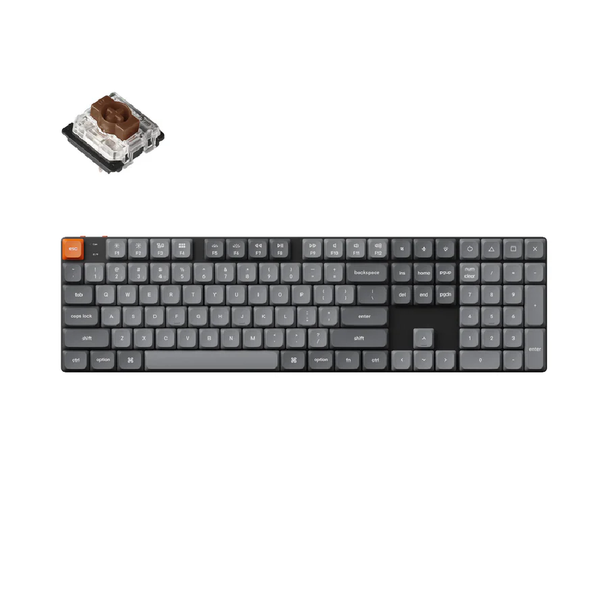 A sleek, ultra-slim Keychron K5 Max mechanical keyboard with RGB backlit keys and low-profile Gateron Brown switches. The keyboard features 109 keys, including a full numeric keypad for productivity. The side profile showcases its thin, modern design, while the top view highlights the premium PBT keycaps. The back panel features multiple connectivity options, including Bluetooth 5.1, 2.4GHz wireless, and USB-C wired mode, ensuring seamless device switching.