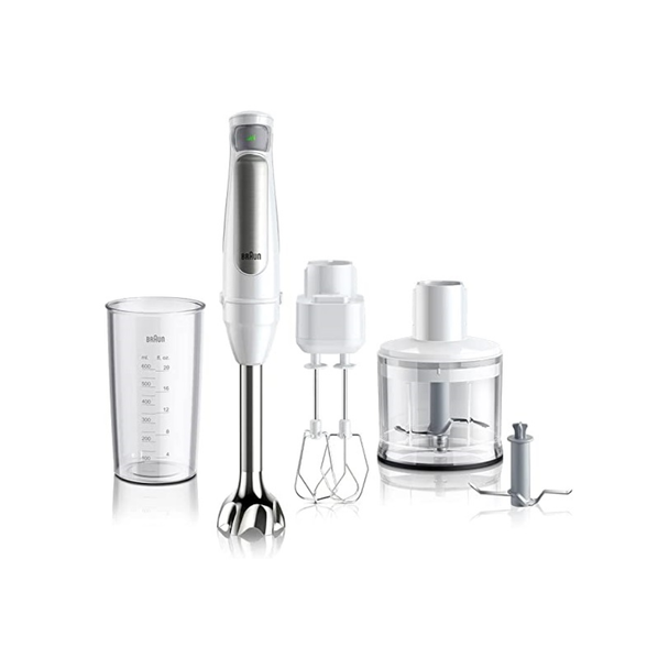 Highlight the sleek design, powerful 1000W performance, and advanced tech specs of the Braun Multiquick 7 Hand Blender in action.