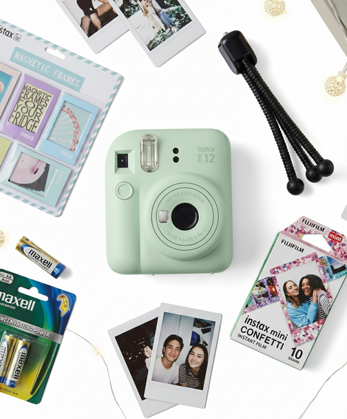 Fujifilm Instax Mini 12 Instant Camera, Instax Mini Confetti Film, Maxell Batteries, Magnetic Frames, Flexible Tripod, Instant Photos - Green