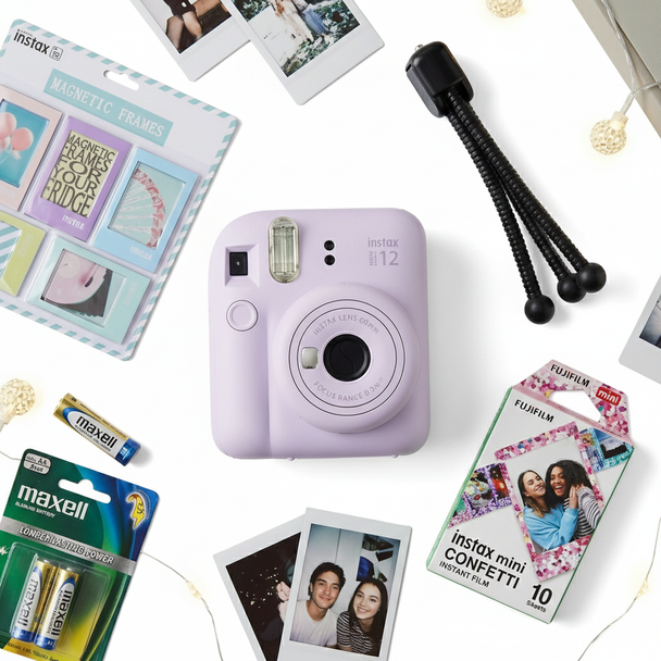 Fujifilm Instax Mini 12 Instant Camera, Instax Mini Confetti Film, Maxell Batteries, Magnetic Frames, Flexible Tripod, Instant Photos - Purple