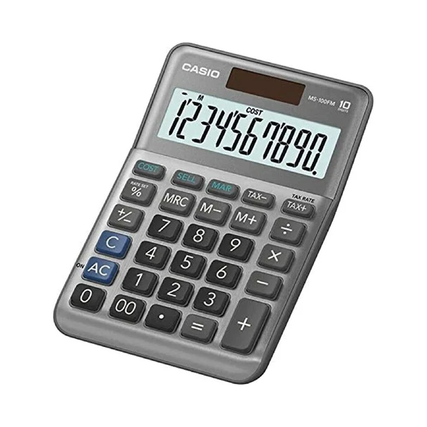 Casio MS-100FM grey 10-digit mini desktop calculator front view solar battery power