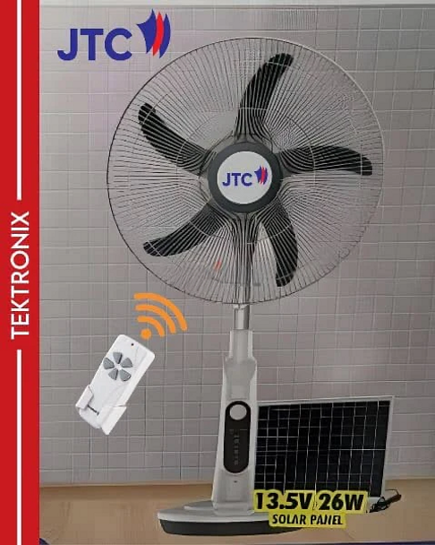 JTC Rechargeable Stand Fan – 18″, 3-Speed with Remote Control & Solar Panel | JF-S5998