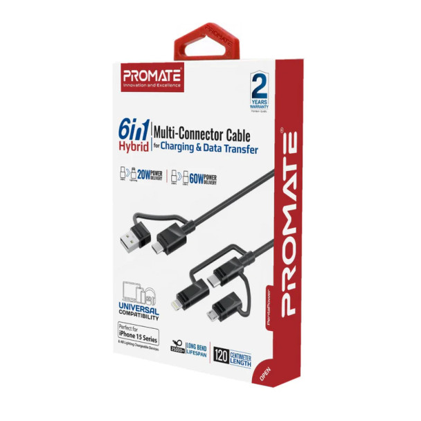 Promate Cable Charger 6-in-1 Multi-Connector & Data Transfer - Black | PENTAPOWER.BLACK