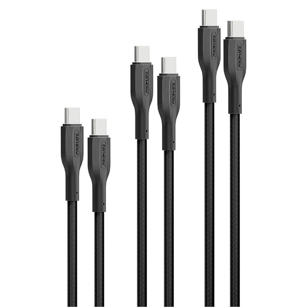 Promate USB-C Cable Kit 60W 3pcs 3-in-1 Cable Kit - Black | CABLEKIT-CC