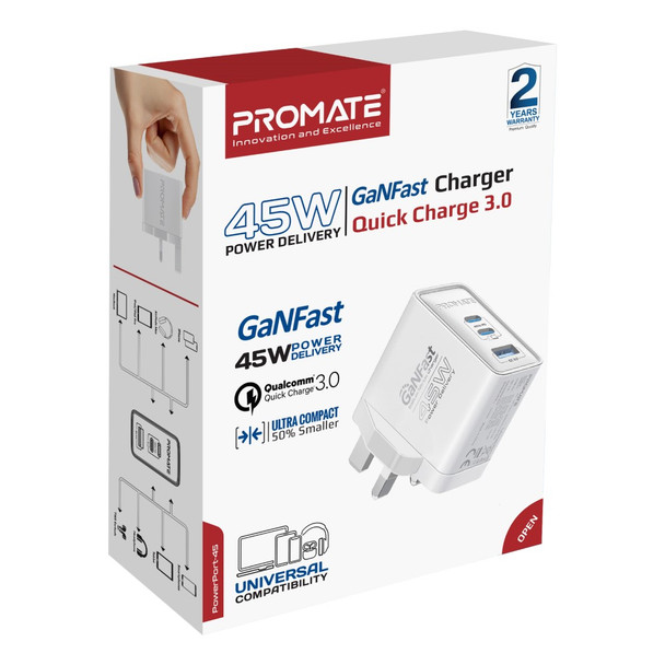 Promate GaNFast Adapter Charger 45W - White | POWERPORT-45