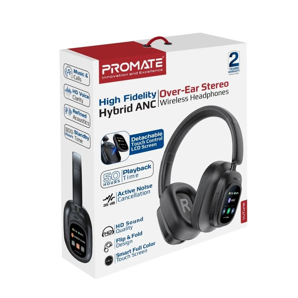 Promate Wireless Headphone BT with Microphone Over-Ear High Fidelity Hybrid ANC - Black | VUTUNE