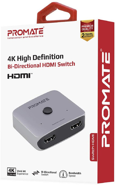 Promate HDMI Switch 4K Splitter, Premium Ultra HD 4K 60Gz Bi-Directional HDMI Switch with 7.5Ghz Bandwidth Speed, Aluminium Crafted Casing, and Built-In Manual Switching Control for HDTV, Switch-HDMI