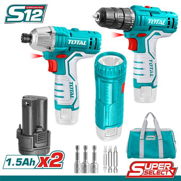 Total 12V مجموعة مقدح+فرد شد براغي تورك+انتريك عالبطارية | TKLI1203