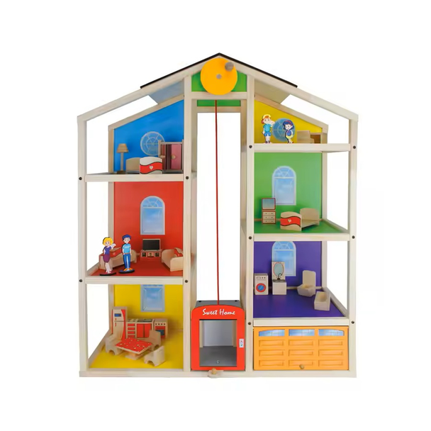 Wooden Dollhouse with Furniture and Family Figures - Multi-Level Playhouse