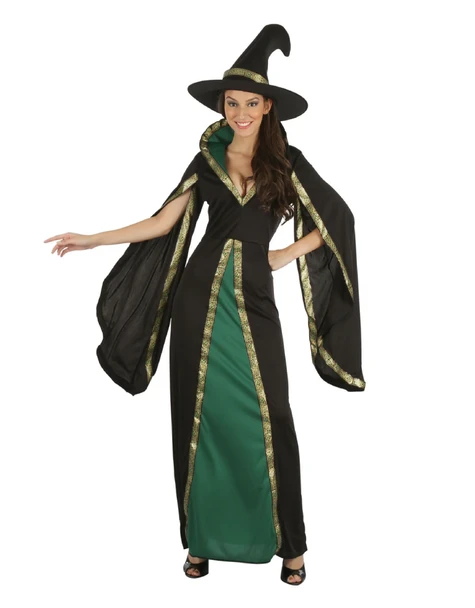 Witch Costume (Green & Gold Dress with Draped Sleeves & Hat) | 093336