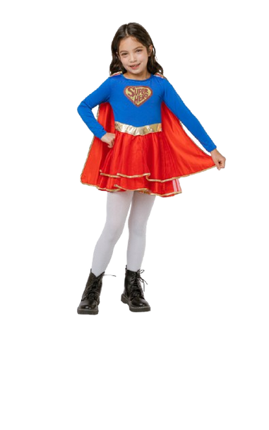 Superhero Girl Costume (Blue & Red Long-Sleeved Dress with Gold Belt) - Small Size | 091932 Superhero Girl Costume (Blue & Red Long-Sleeved Dress with Gold Belt) - Small Size | 091932