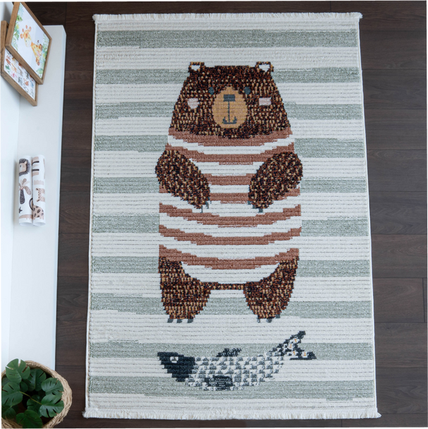 Zymta Comfy Grizzly Bear 80 x 150 cm Winter Carpet - Off White / Green / Terracotta / Salmon | co1059