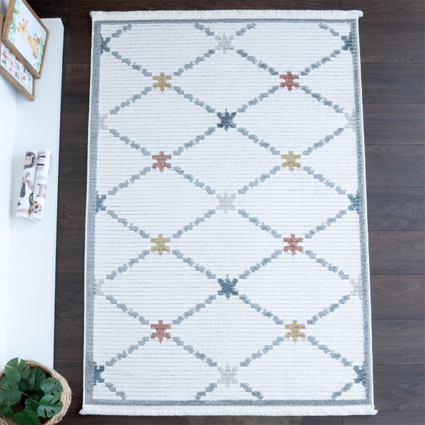 Zymta Comfy Linked Stars 160 x 230 cm Winter Carpet - Off White / Grey / Terracotta / Yellow | co1071