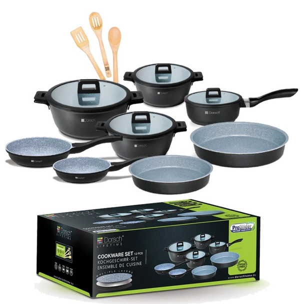 Dorsch Lifetime Granite Cookware Set – 8-Piece Marble Nonstick Pots & Pans with Glass Lids + 3 Wooden Spoons