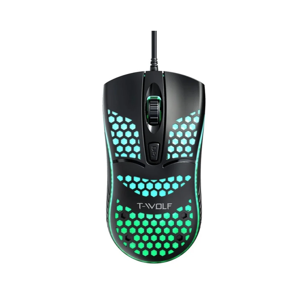 T-WOLF V15 Hollow Honeycomb RGB Gaming Mouse - Black