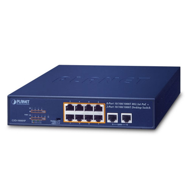 Planet 8-Port 10/100/1000T 802.3at PoE + 2-Port 10/100/1000T Desktop Switch (120 watts) | GSD-1008HP