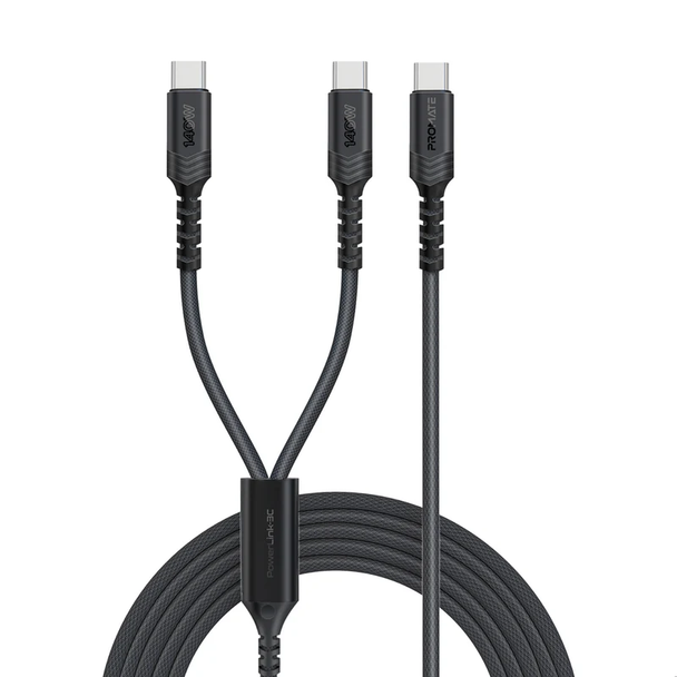 Promate 140W High-Speed Fabric Braided USB-C to Dual USB-C Charging Cable - Black | PowerLink-3C.BLACK