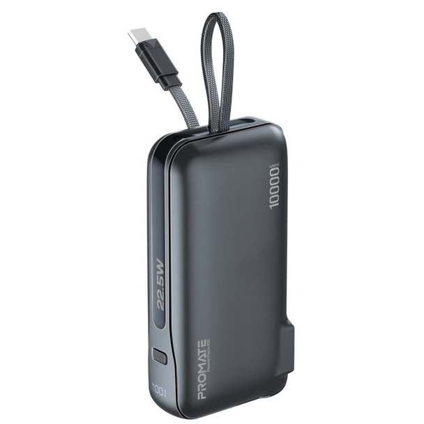 Promate Ultra-Compact Fast Charging Power Bank with AC Charger & Built-In USB-C Cable | PowerPack-10C