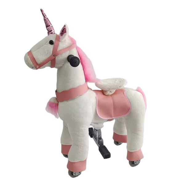 Ride-On Unicorn Horse Toy with Wheels - Size M White & Pink Plush | PF2020-2M