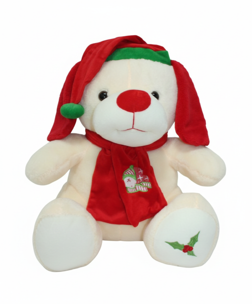 Christmas Plush Dog Toy - Red Scarf & Santa Hat - Soft Holiday Stuffed Animal | ws3031