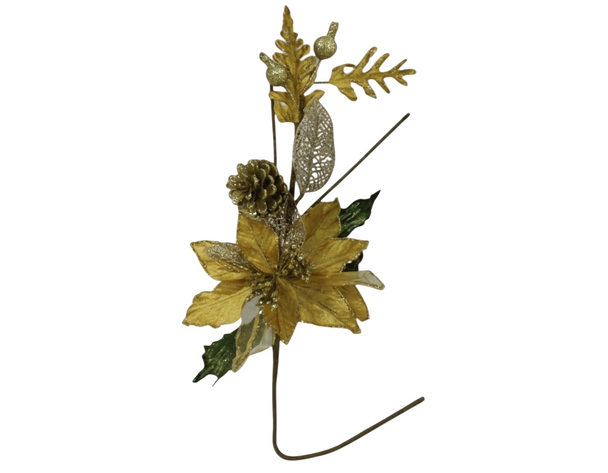 Gold Christmas Poinsettia, Pinecone & Glitter Decorative Stem | 10045