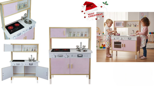 Kids Wooden Kitchen Playset with LED Stove - 70×101×33 cm | OK113990