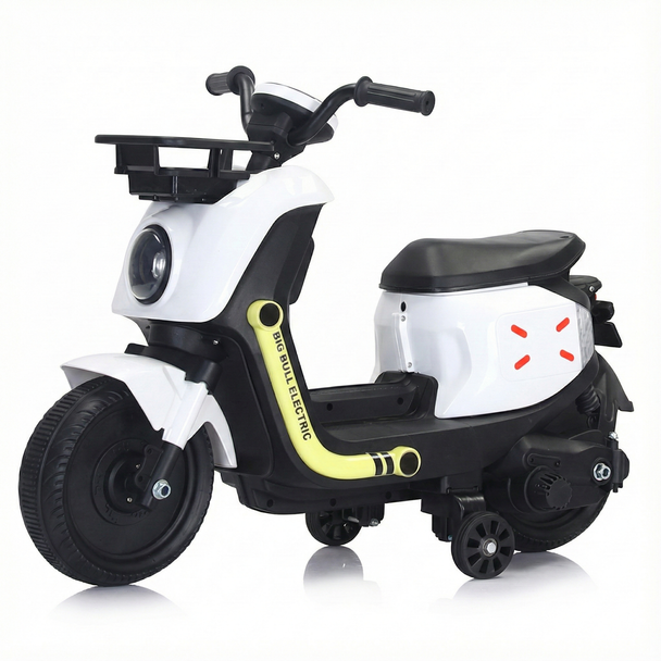 Big Bull Kids Electric Ride-On Scooter with Training Wheels - White | B100W