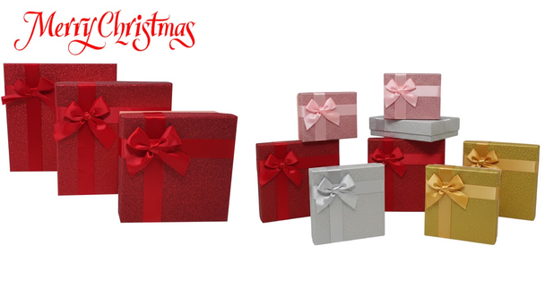 Red Glitter Gift Box Set - 3-Piece Rectangular Boxes with Ribbon | AL3232-6