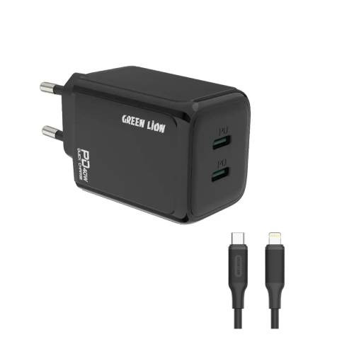 Green Lion 40W Dual PD Wall Charger With USB-C To Lightening Cable 1M EU | GN40EUC2LBK