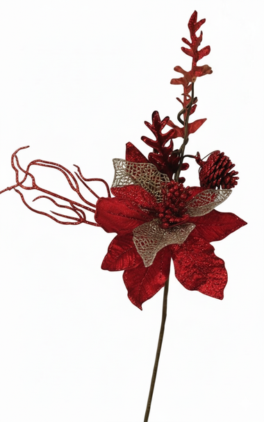 Decorative Red Pinecone & Leaf Christmas Pick | 10070