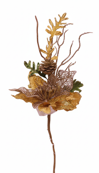 Decorative Champagne Gold Pinecone & Leaf Christmas Pick | 10070