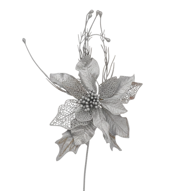 Decorative Silver Flower & Leaf Christmas Pick | 10072