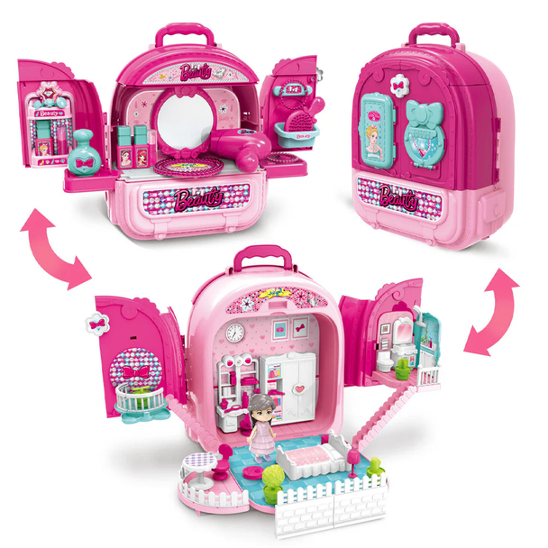 Kids Beauty Playset Backpack with Vanity & Doll House – Pink | 008-993
