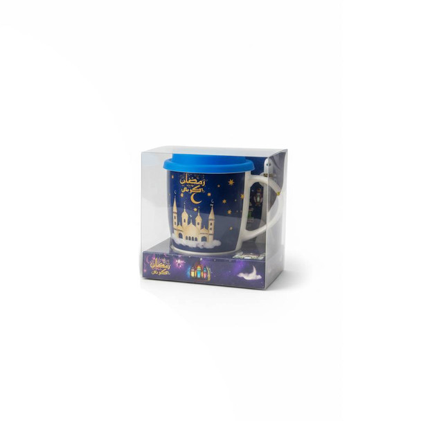 Ramadan Ceramic Mug with Lid – Night Mosque & Lantern Design - Blue | 7161-14/B