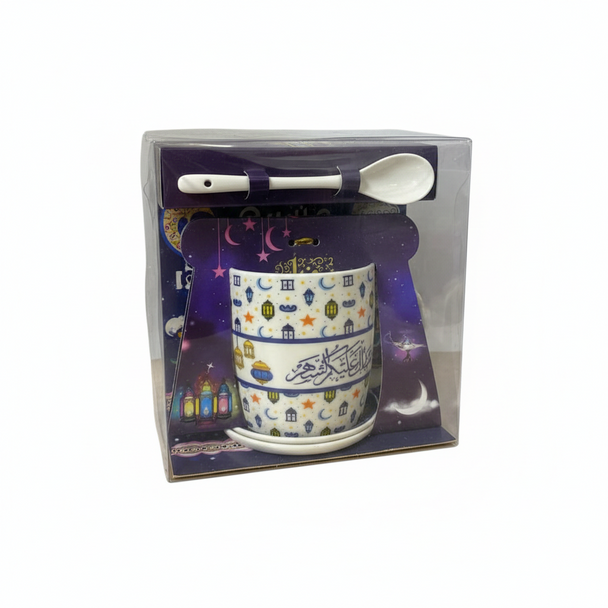 Ramadan Kareem Ceramic Mug with Spoon – Arabic Calligraphy Pattern (Gift Box) | 7161-31