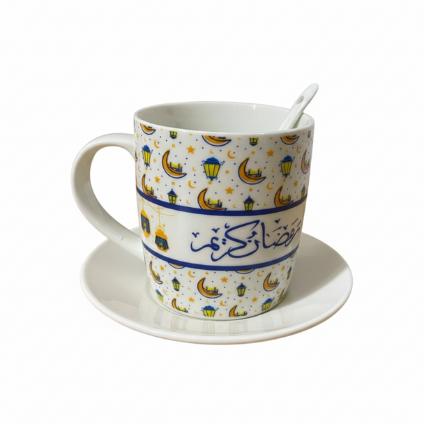 Ramadan Kareem Ceramic Mug with Spoon & Saucer – Lantern & Crescent Pattern | 7161-27