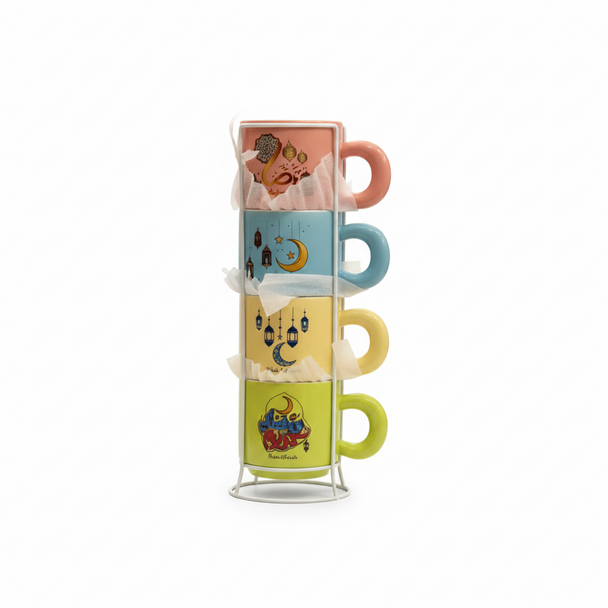 Ramadan Kareem Ceramic Mug Set – Pastel Color Islamic Design (Set of 4) | 7047-21