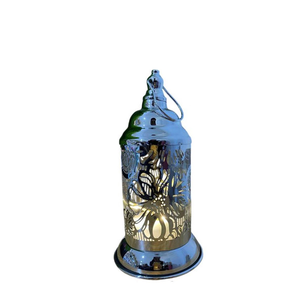 Silver Metal Floral Ramadan Lantern with LED Candle | 7138-76