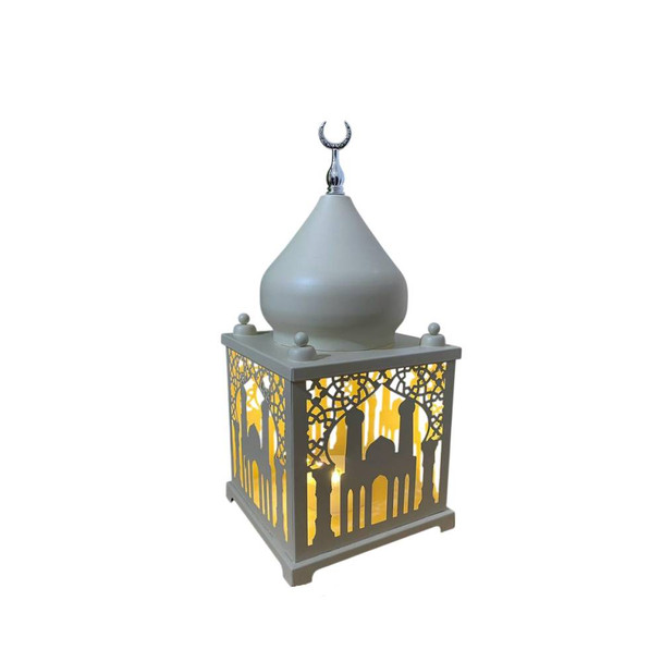 White Metal Ramadan Lantern with Mosque Silhouette and Warm LED Light | 7138-13